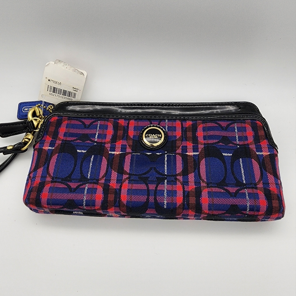 NEW Coach Navy Multi pop tartn dbl zip wallet NWT